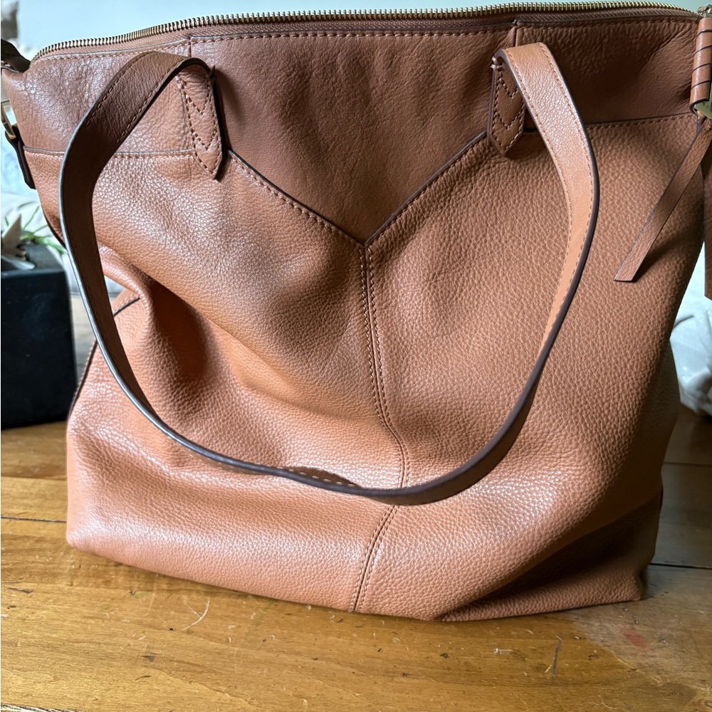 Stella & Dot Tan Leather Tote Bag with Chevron Detail